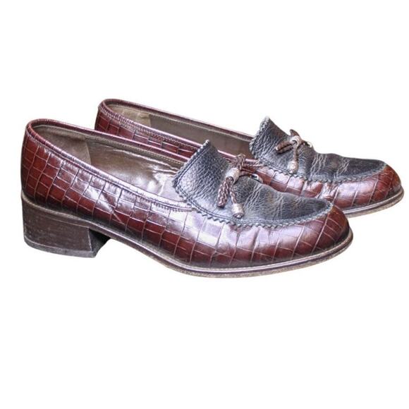 Brighton Donna Leather Loafers Brown Black Croc Embossed Bow Slip On 8 - Picture 1 of 5